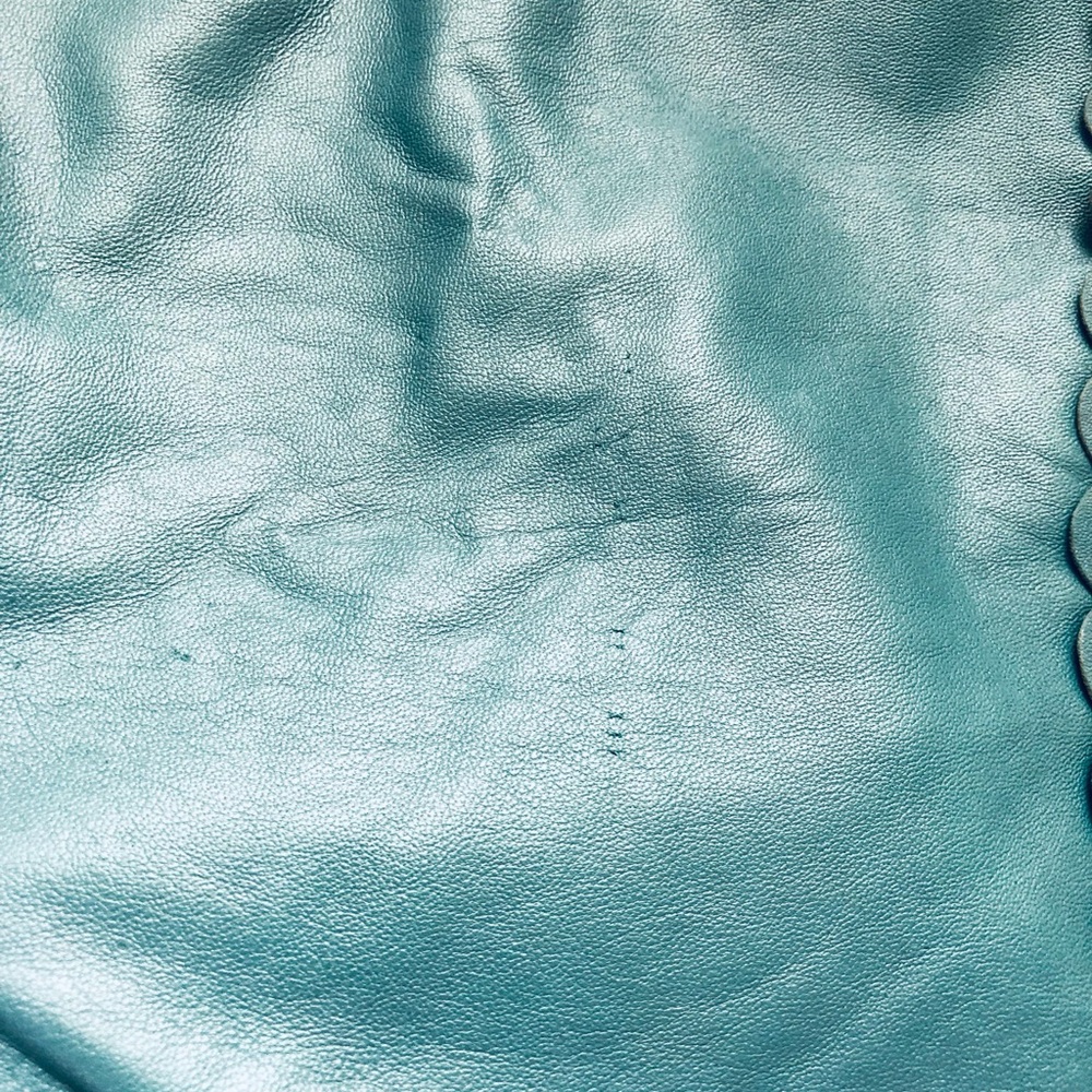 Hinge Teal 100% Genuine Leather Zip-Front Jacket, scalloped trim, Size XS - Picture 8 of 11